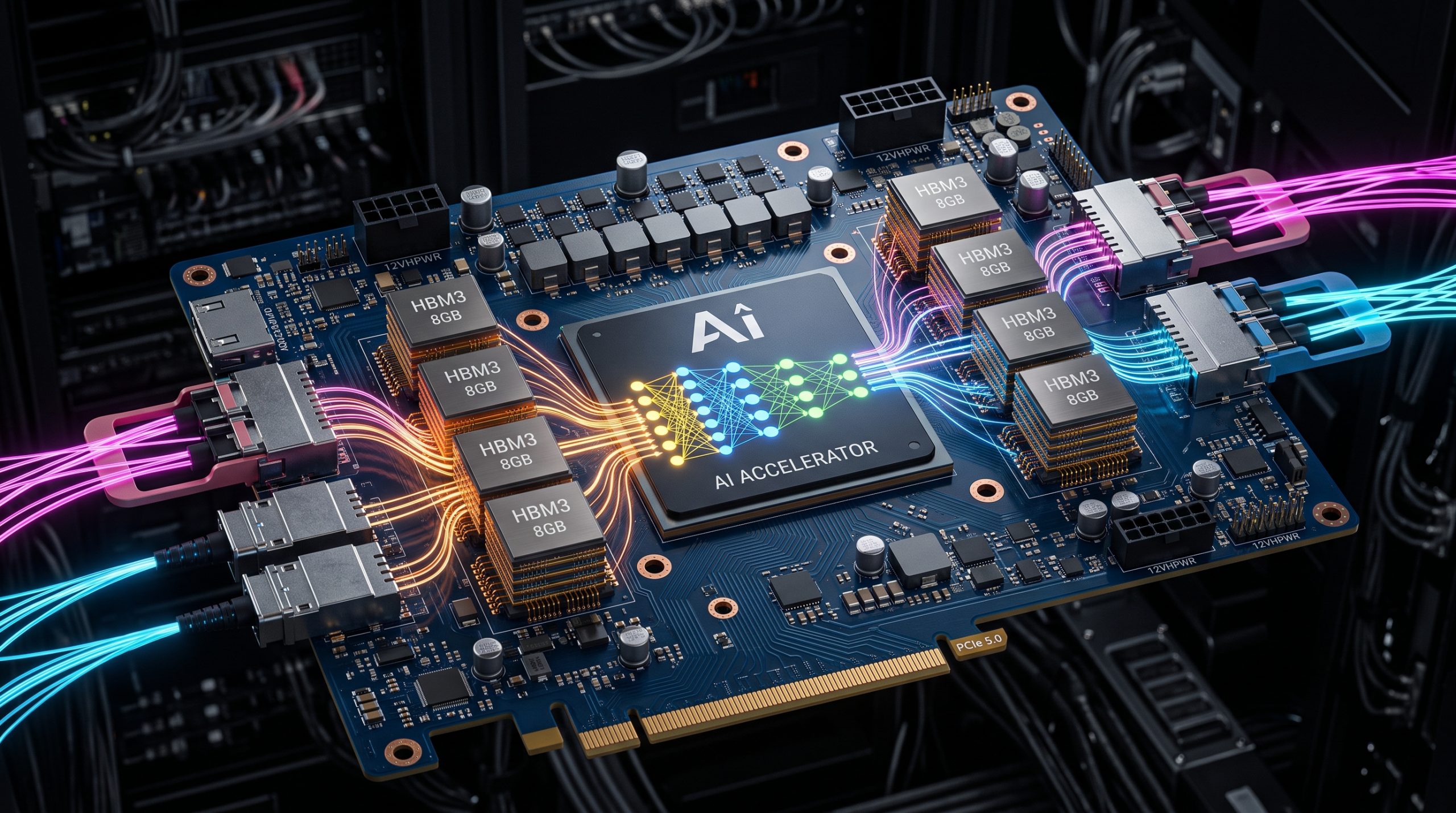 AI inference hardware accelerator board with memory and optical links