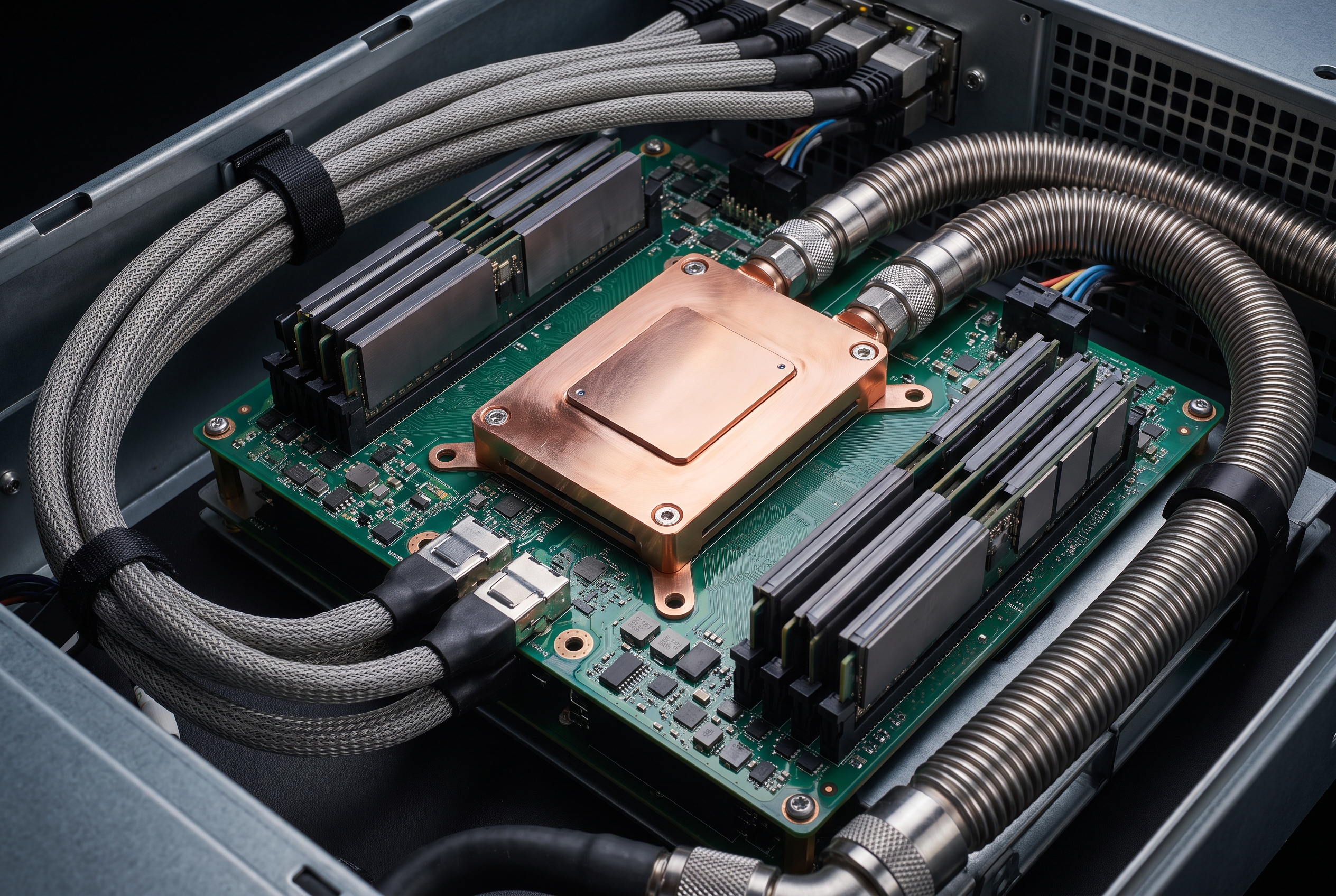 AI agent hardware accelerator board with memory and liquid cooling