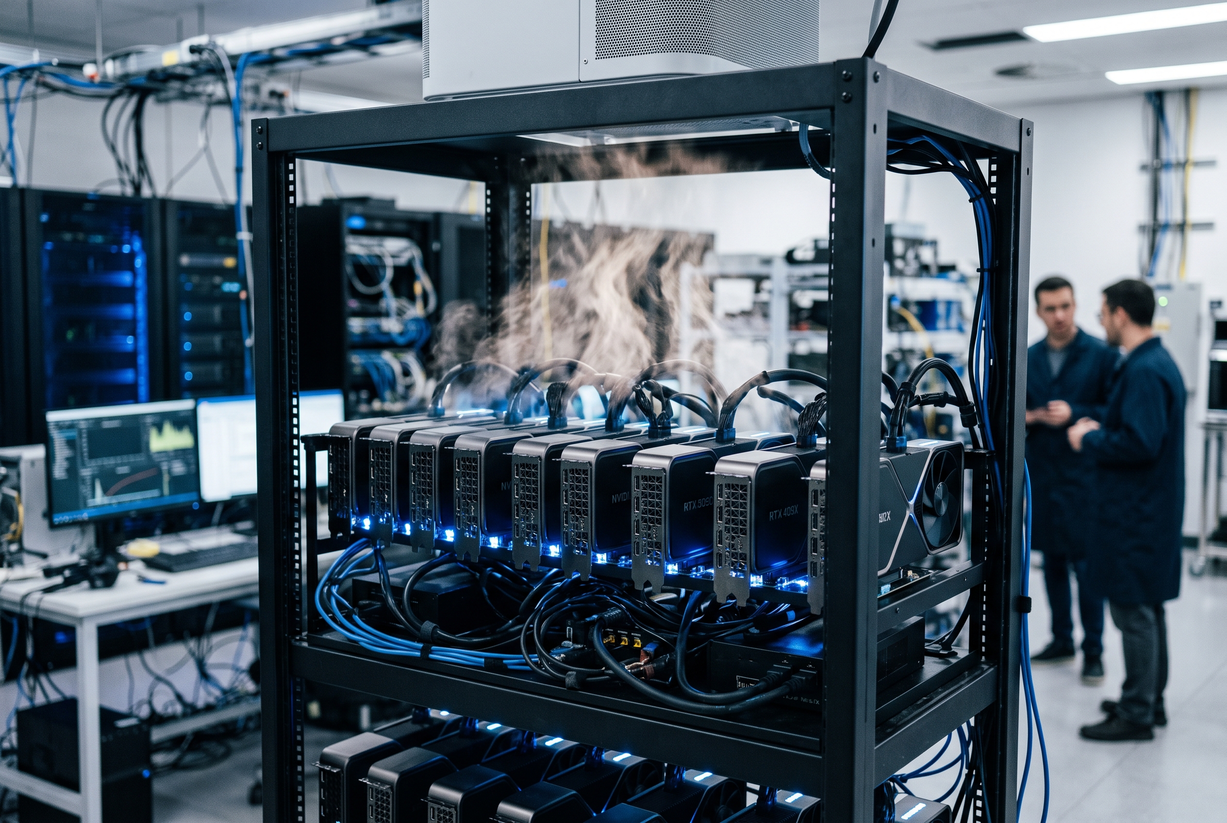 GPU server rack running AI GPU benchmarks for inference workloads