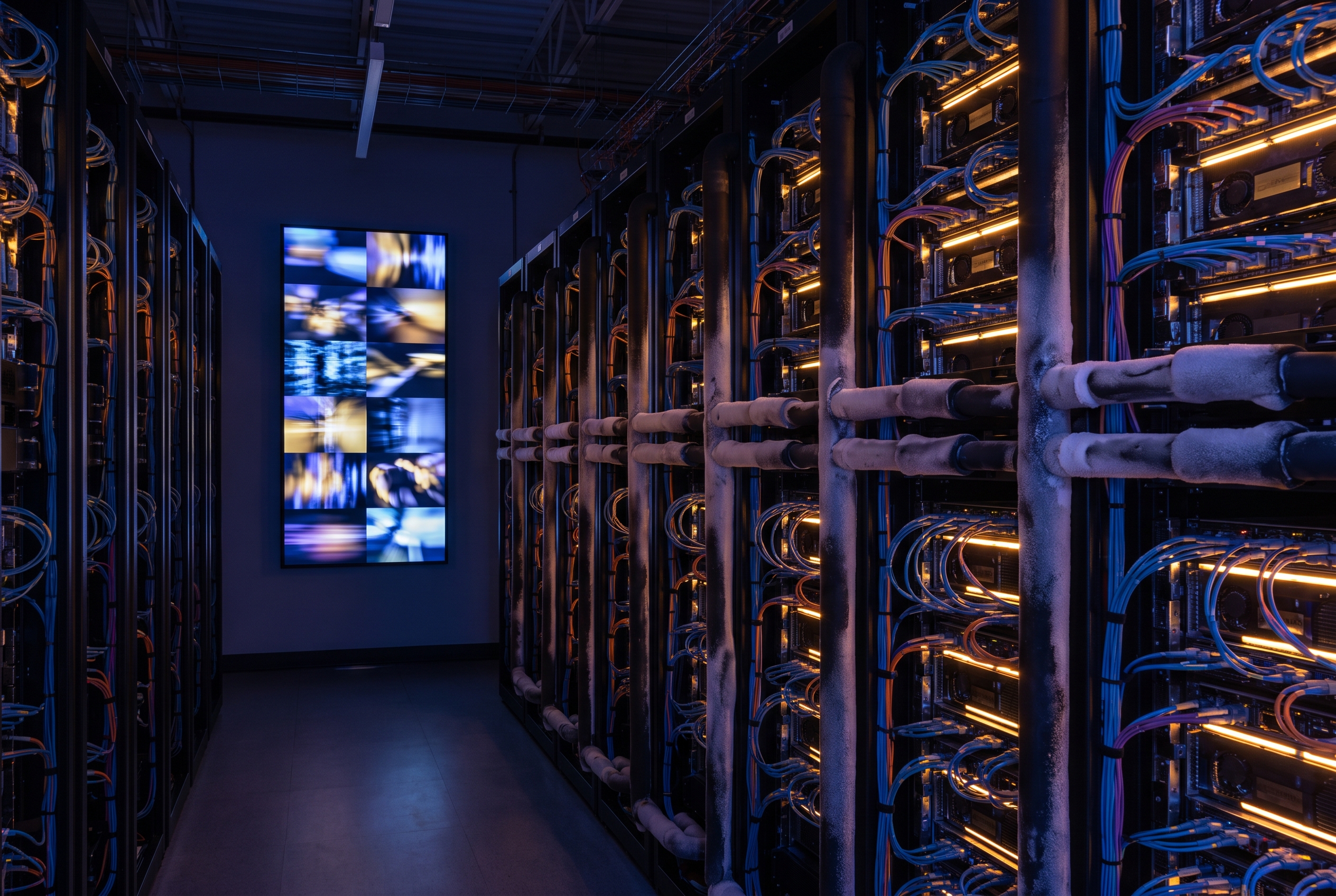 AI video effects inference infrastructure with GPU racks and vertical preview wall