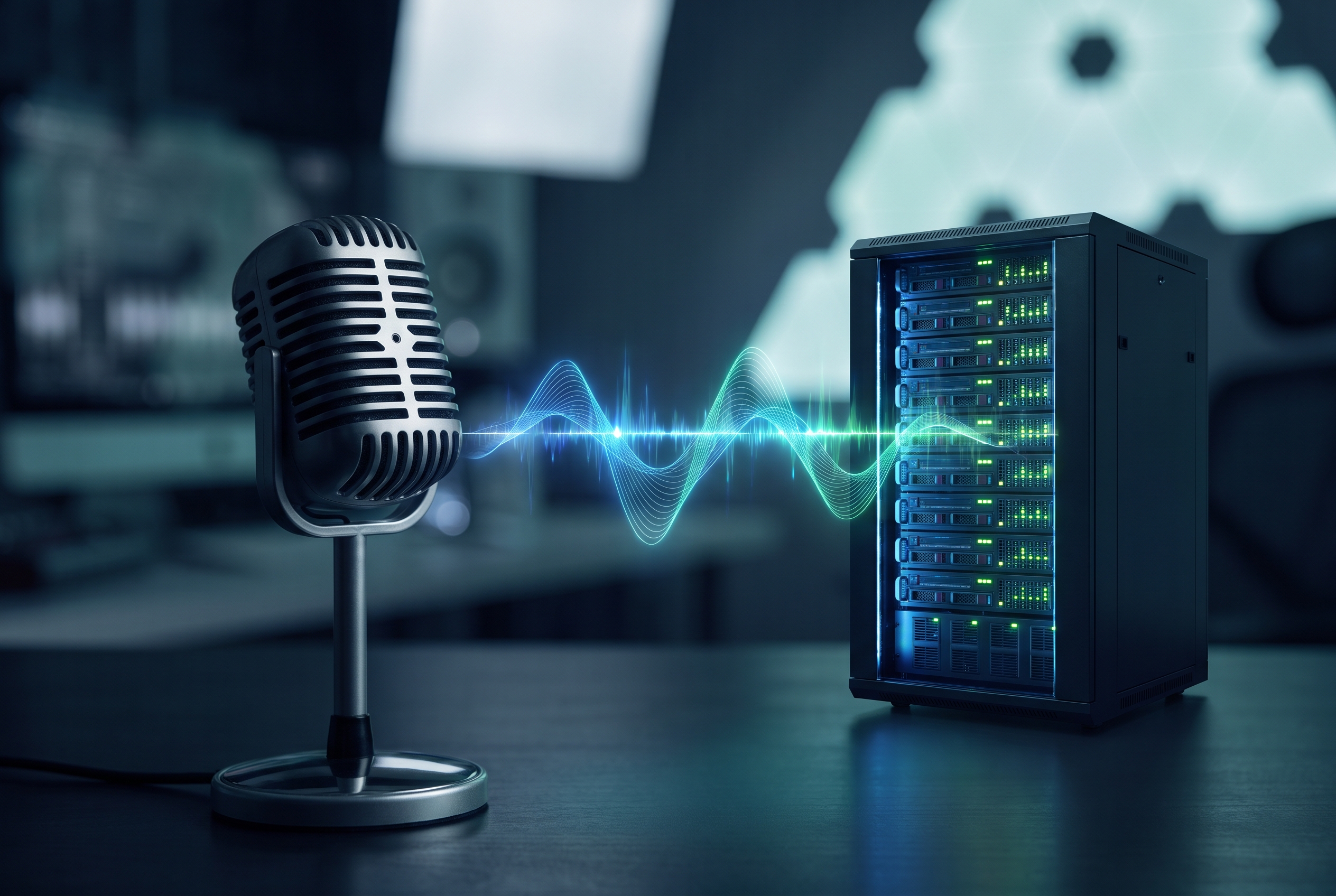 Gemini 3.1 Flash TTS audio waveform flowing from a studio microphone toward a server rack