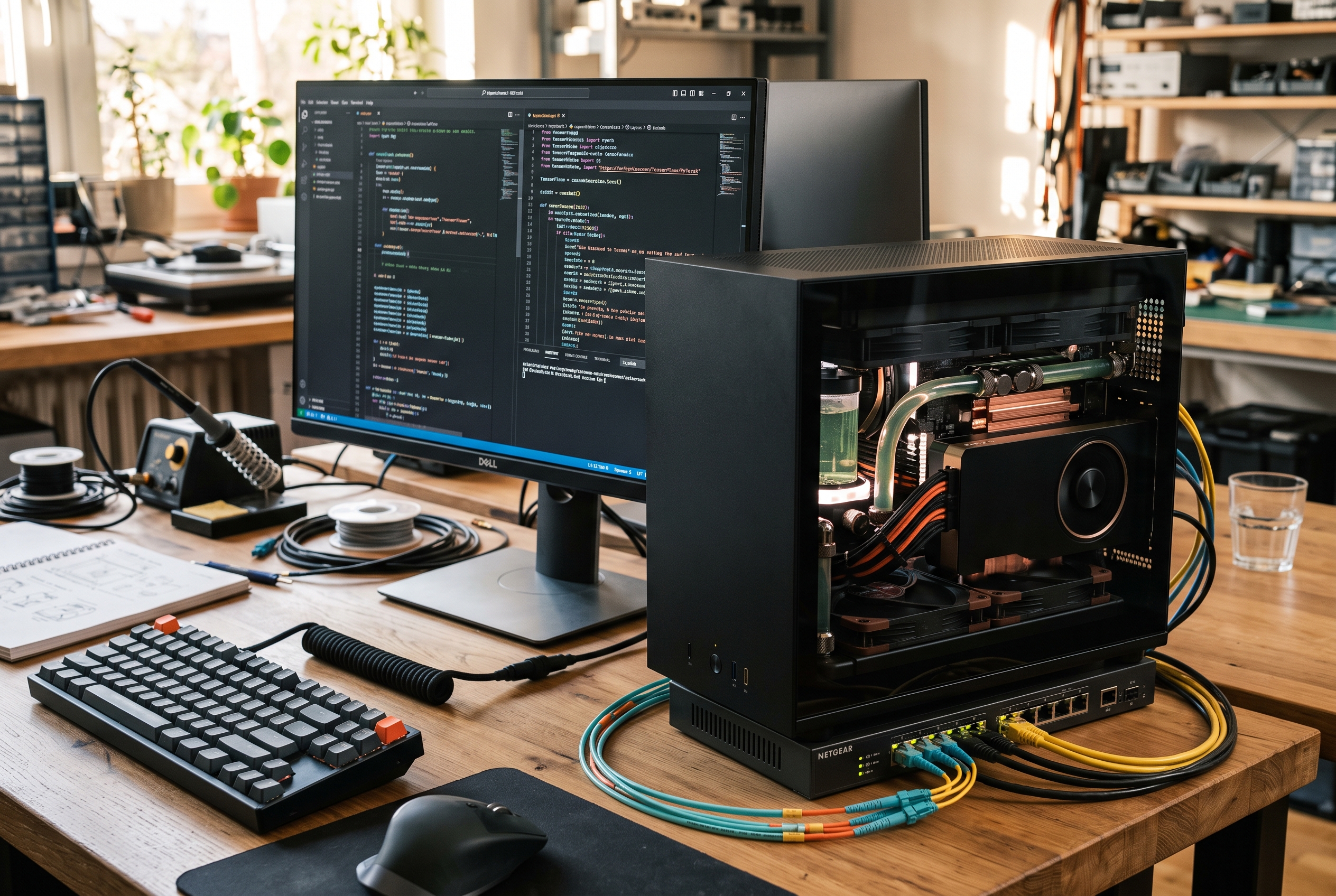 Local AI hardware desk with GPU workstation and network switch