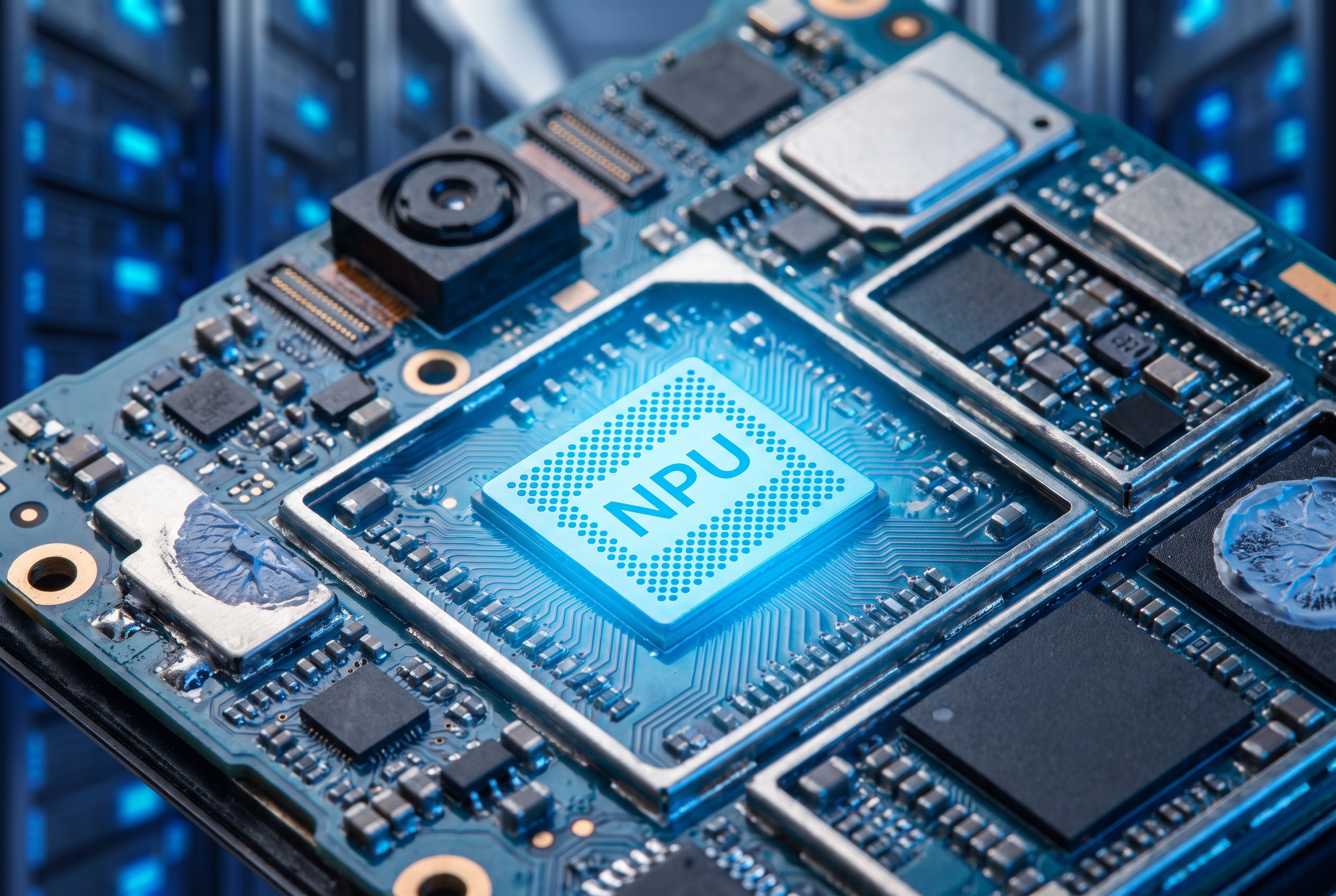 On-device AI neural processing chip on a smartphone board
