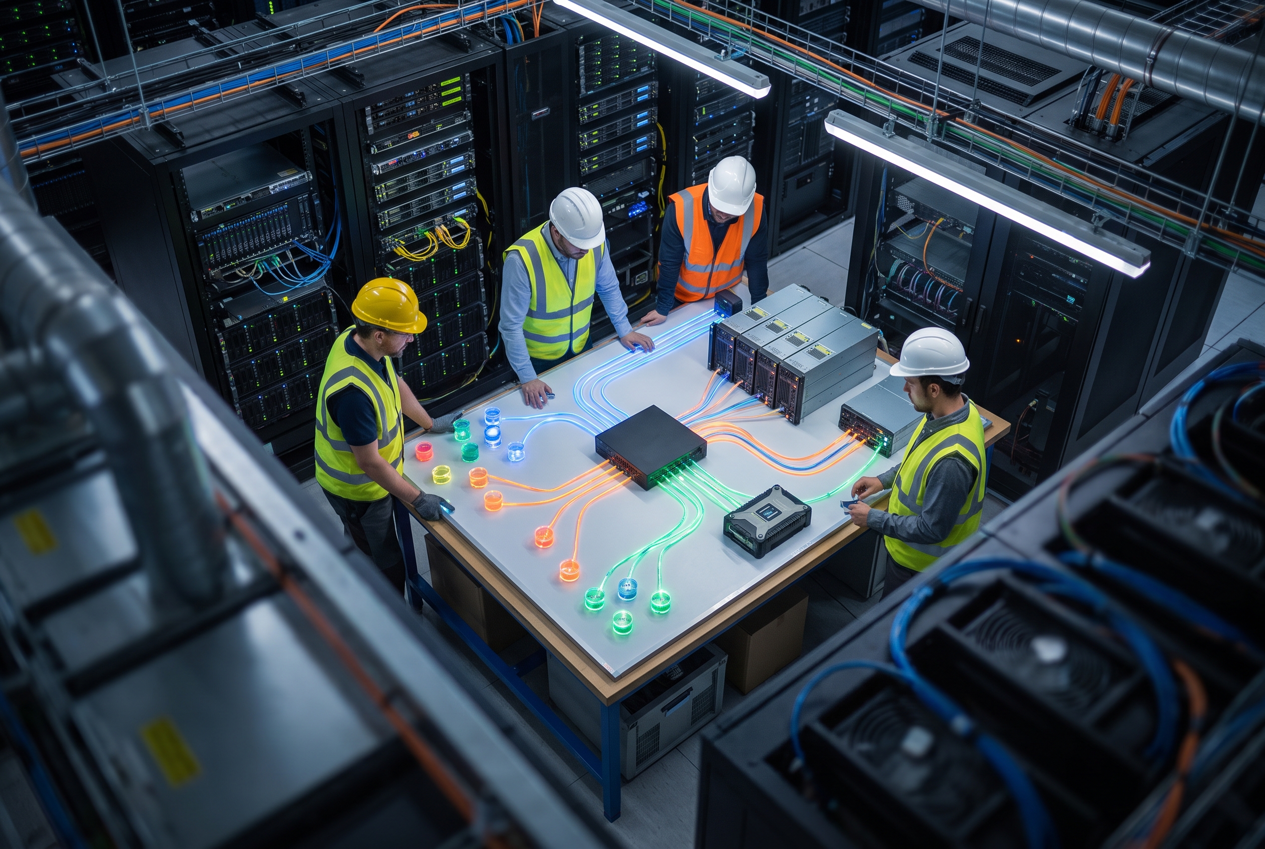 AI infrastructure team reviewing a physical model routing board