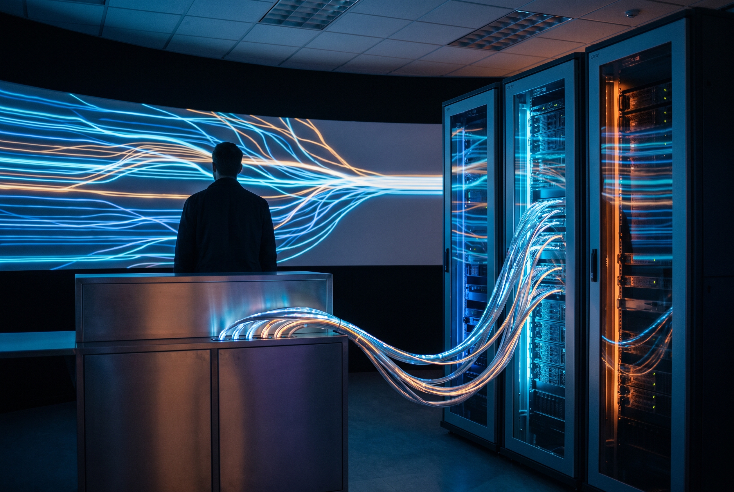 AI agent routing operations room with branching compute paths
