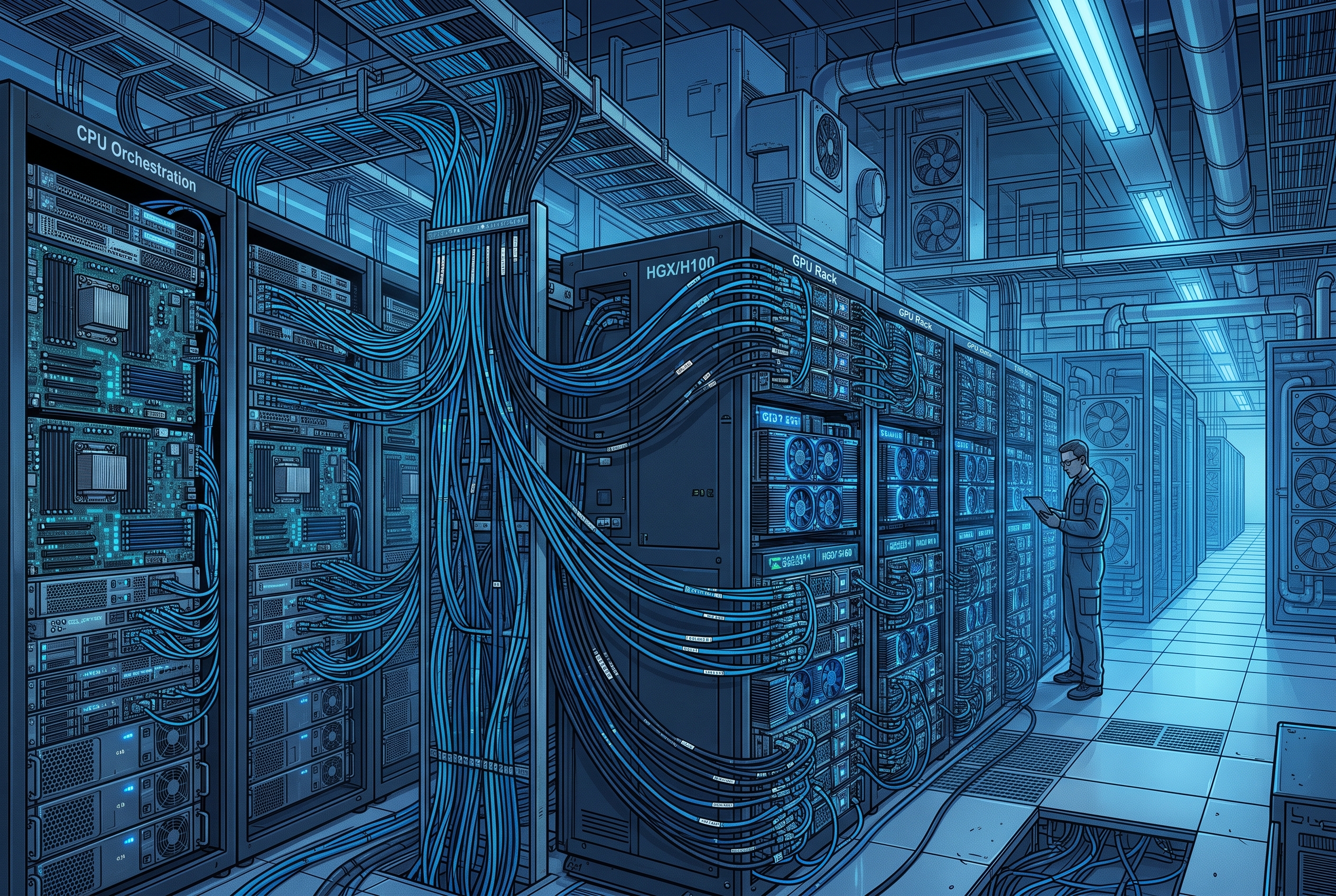 AI data center with CPU orchestration and GPU racks