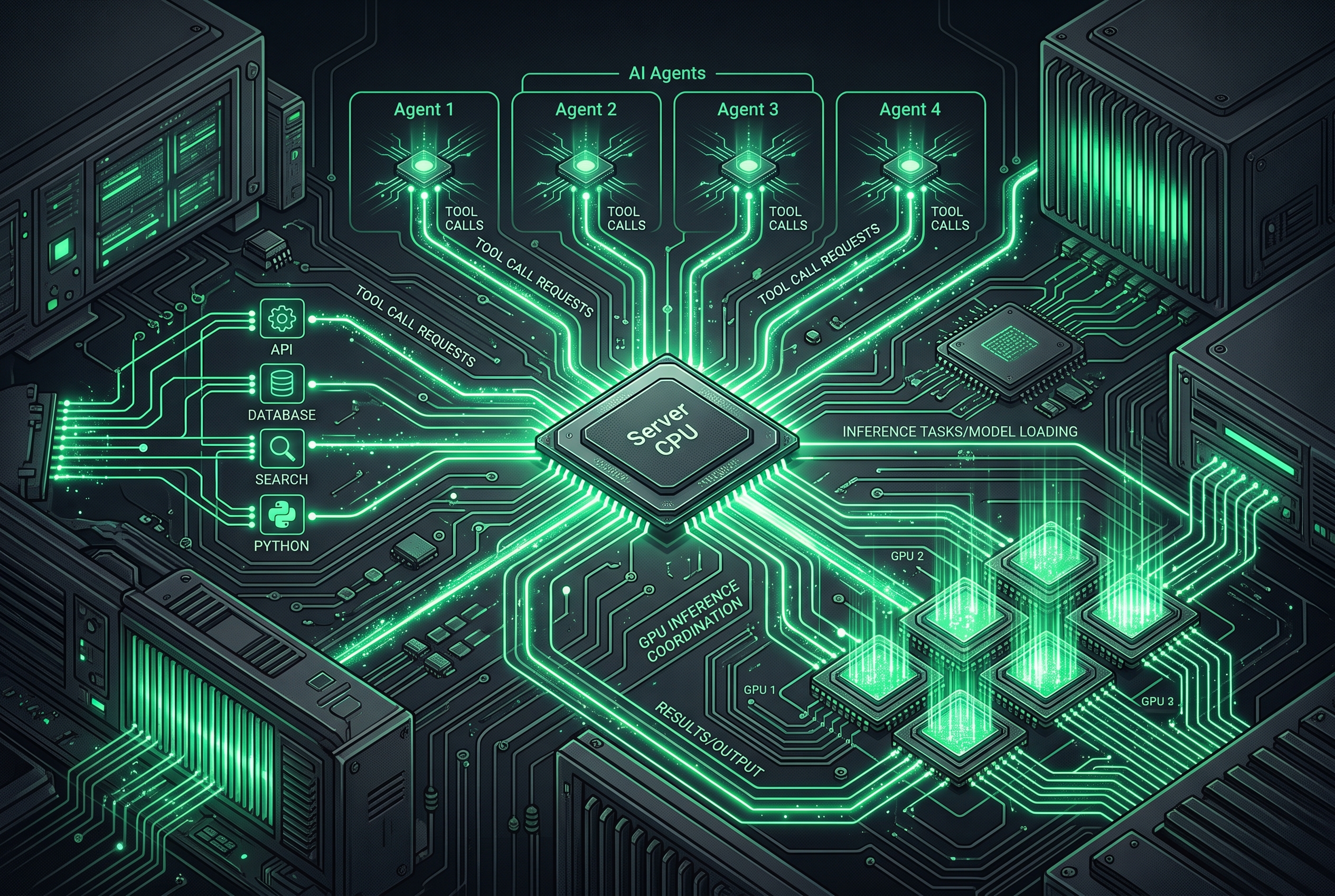 CPU coordinating agent tool calls and GPU inference